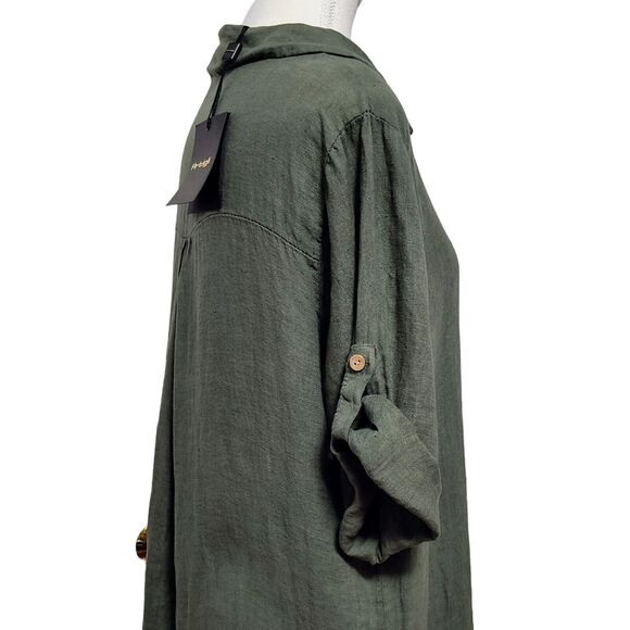 NWT Artigli Italy Linen Dress Medium Lagenlook Olive Green Roll-Tab T-Shirt Midi - Picture 3 of 9